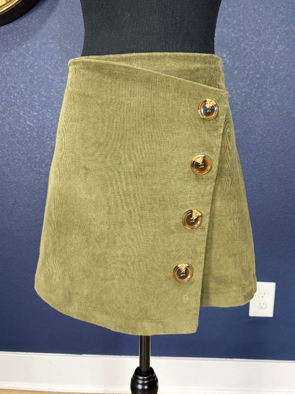 Altar'd State Olive Corduroy Faux Wrap Button Mini Skirt | M